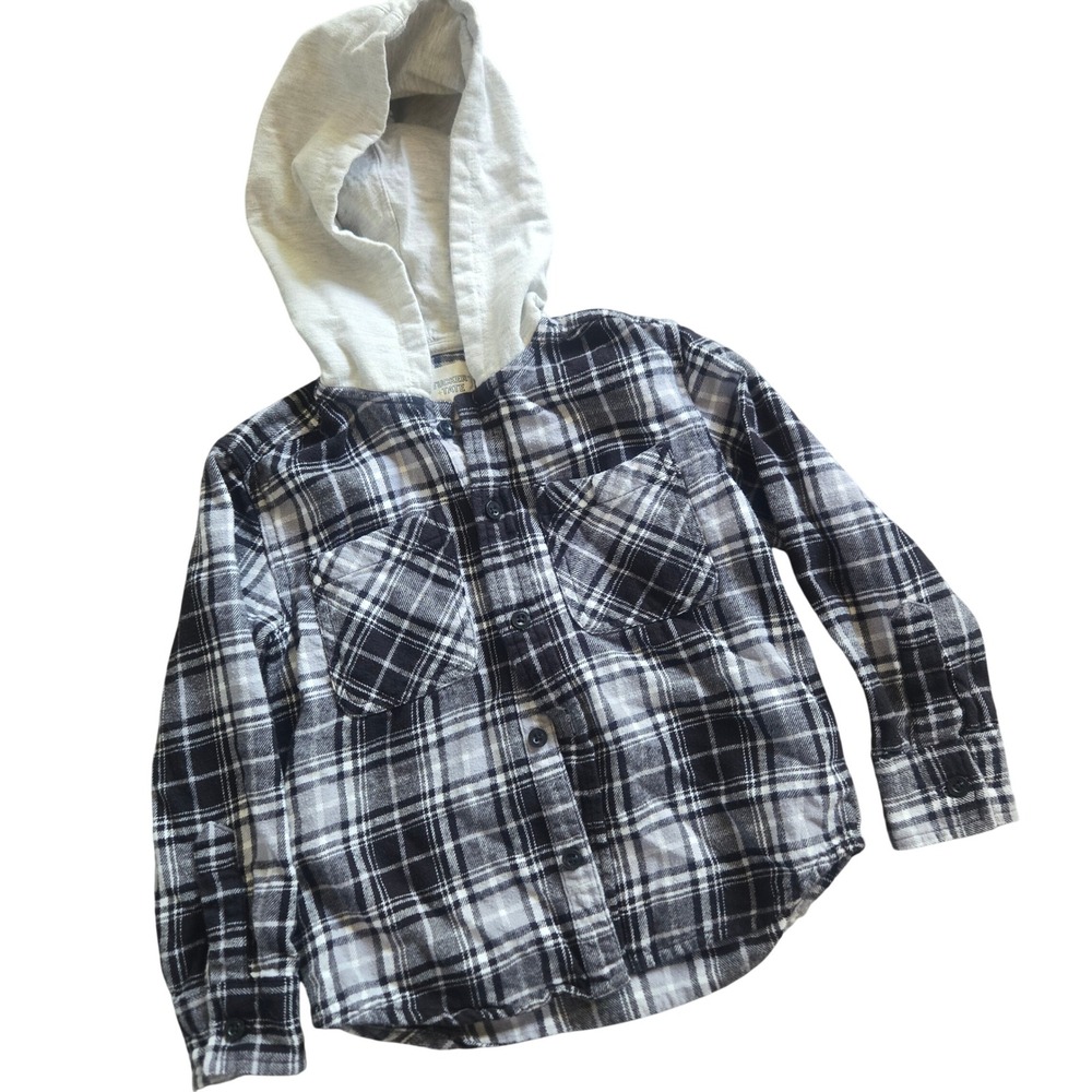 Tucker + Tate Kids Black White Plaid Hooded Flannel Shirt Size 3 Button Down